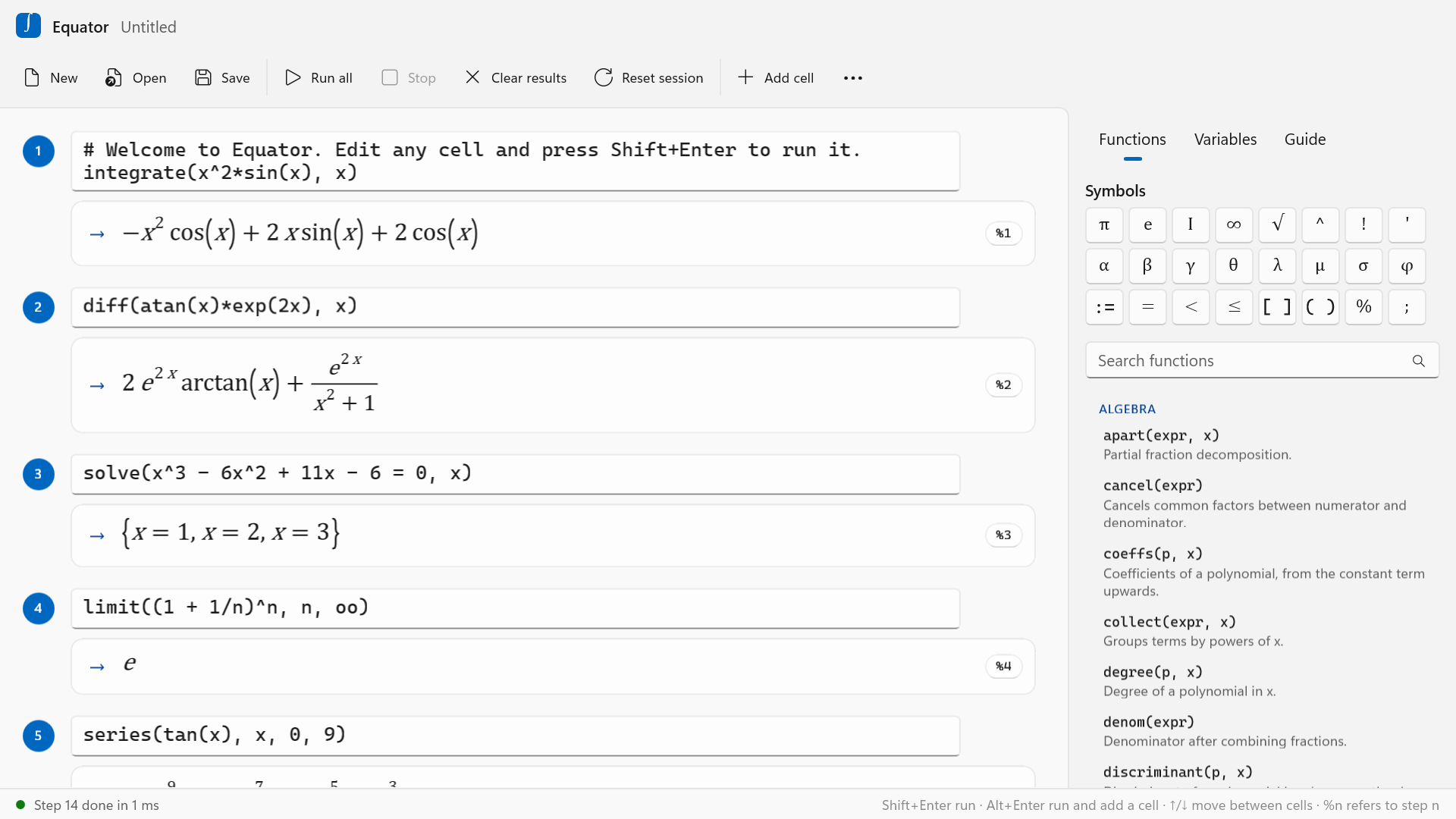 EquatorSolver worksheet with typeset results