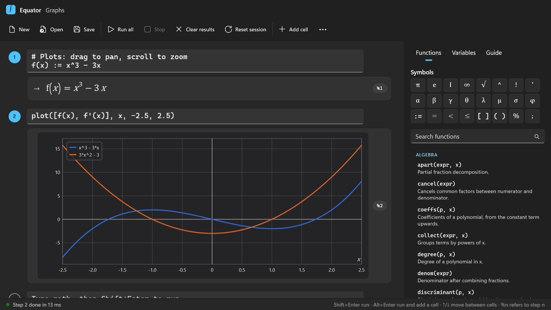 A function and its derivative plotted