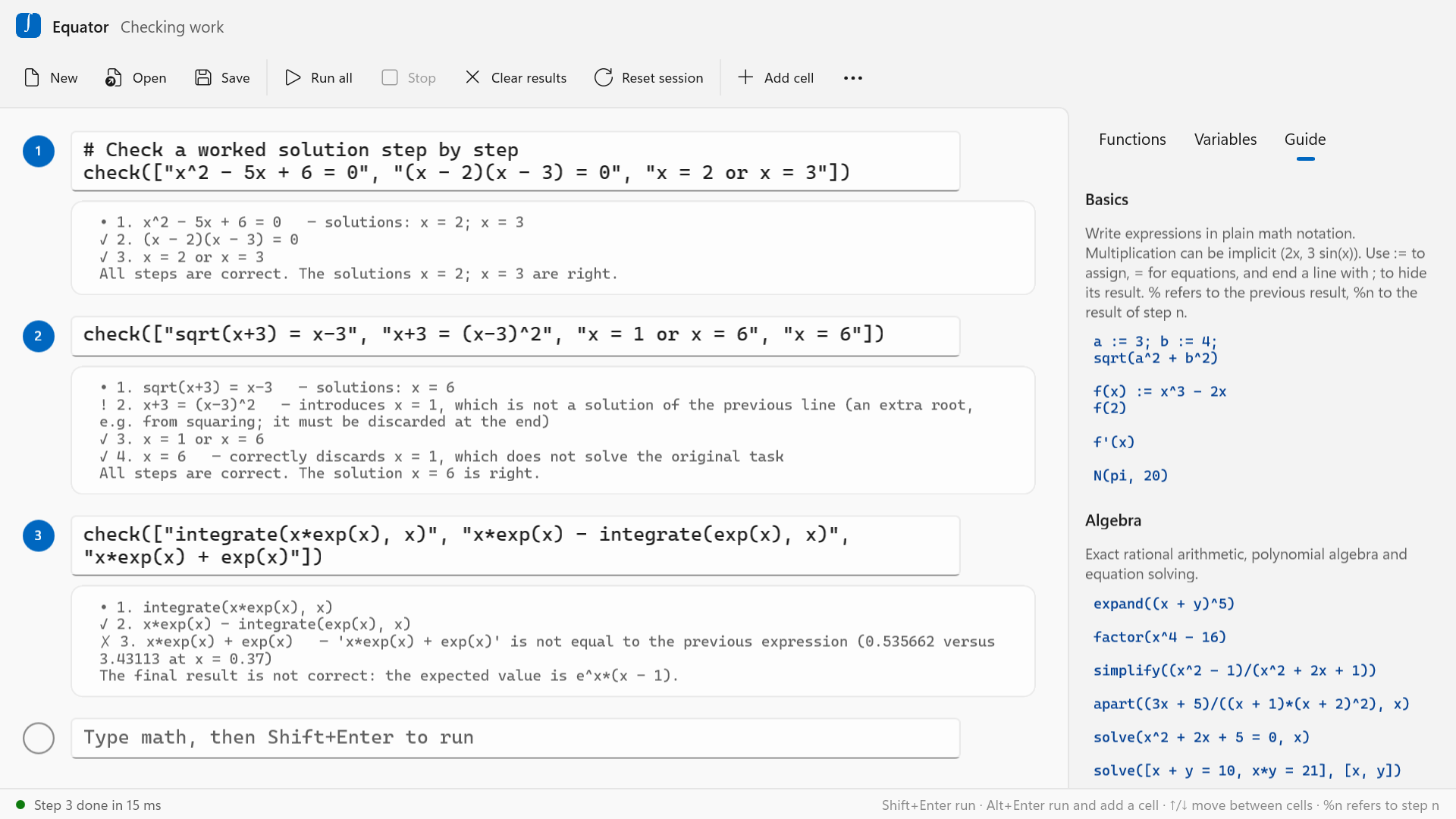 Step-by-step checks of worked solutions