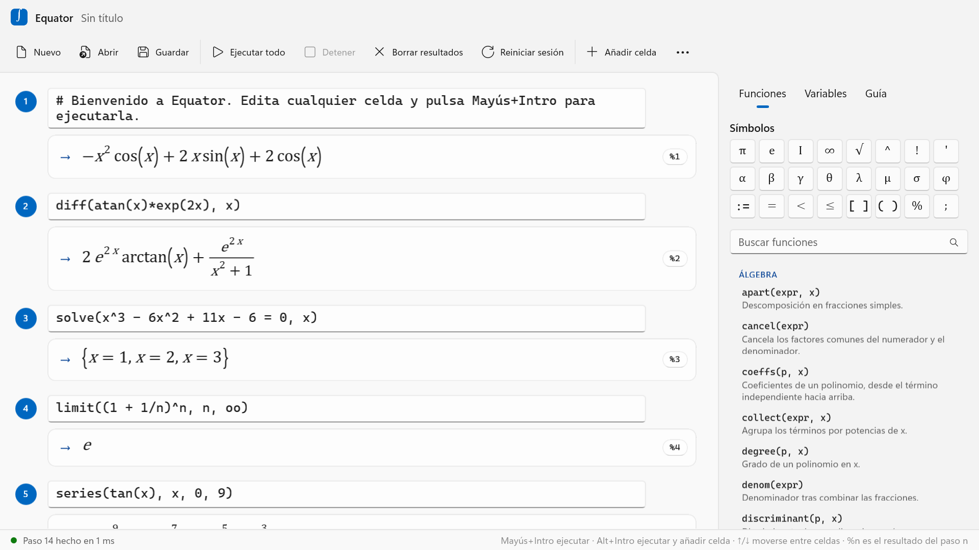 Hoja de trabajo de EquatorSolver con resultados